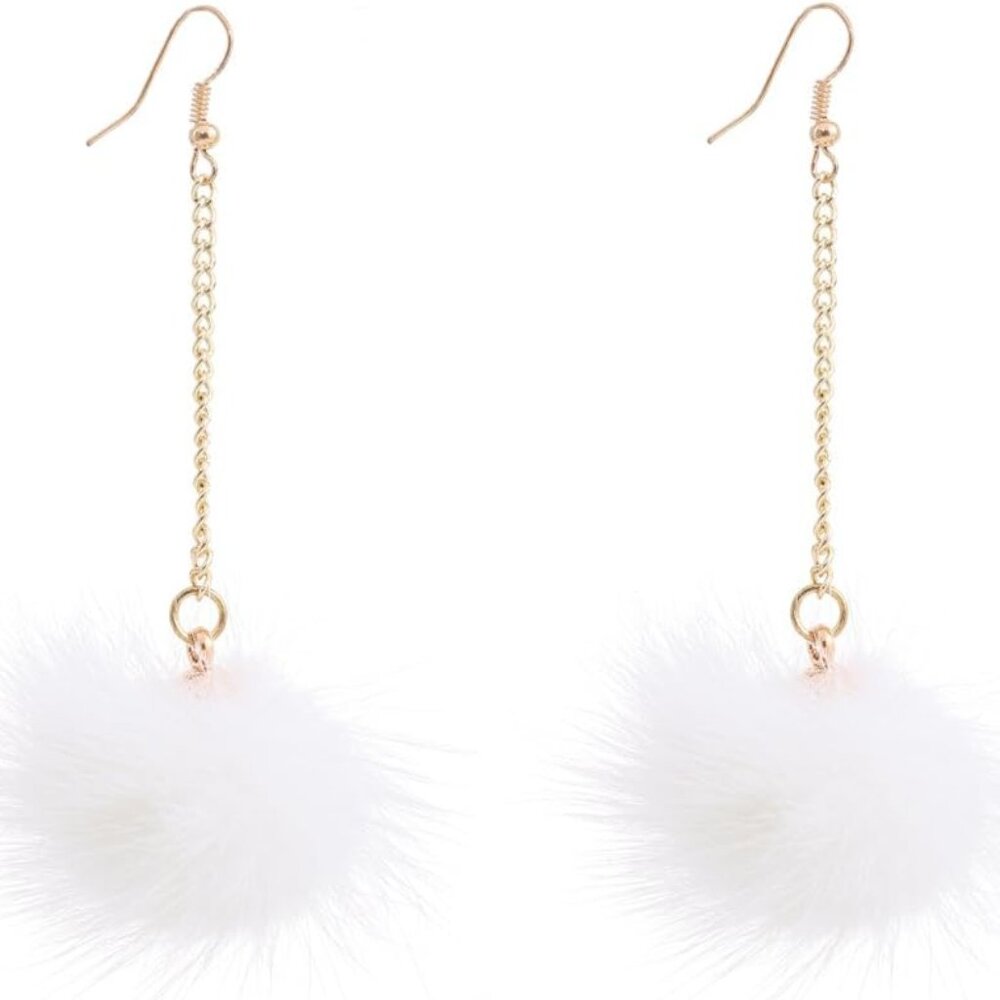 Rabbit Fur Pom pom Drop Earring Gold Chainlink Dangling Earring Ear Drop for Wom - Picture 1 of 5